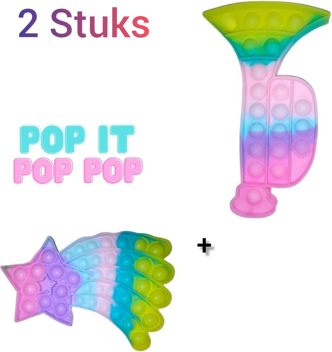 Fidget toys Set | 2 stuks Pop it Regenboog Multi Color | Trompet + Vallende Ster | Anti stress 2021 | Van Tik Tok | Meisjes jongens volwassenen | Verjaardag of Kerst cadeautip